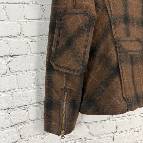 Ruff Hewn Full Zip Jacket Wool Blend Elbow Patch Womens L Brown Plaid Zip Pocket - Picture 11 of 13